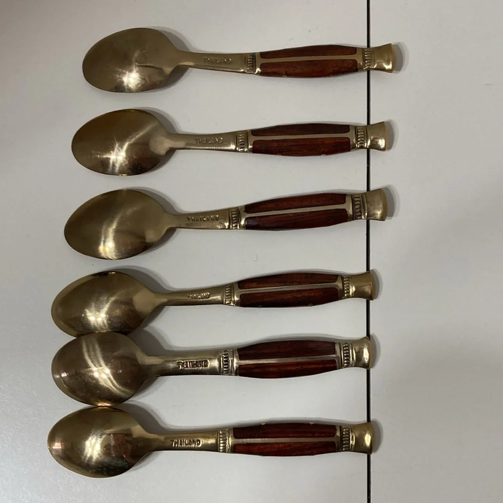 Vintage 6Pc Thailand Brass Gold Demitasse Spoons Wood Handles Maroon Storage Bag